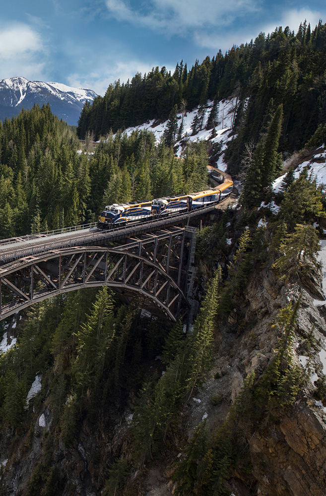 Rocky Mountaineer train crossing Stoney Creek bridge.